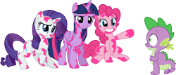 Size: 3581x1532 | Tagged: safe, artist:porygon2z, derpibooru import, pinkie pie, rarity, spike, twilight sparkle, twilight sparkle (alicorn), alicorn, dragon, earth pony, pony, unicorn, cooties, female, mare, reference, scared, simple background, smiling, teen titans go, transparent background, vector, wallpaper