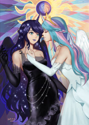Size: 2480x3508 | Tagged: safe, artist:momori68, princess celestia, princess luna, human, beautiful, clothes, dress, duo, eclipse, evening gloves, eyes closed, female, gloves, horned humanization, horns are touching, humanized, lipstick, long gloves, royal sisters, sisters, winged humanization, wings