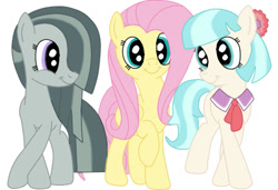 Size: 501x342 | Tagged: safe, artist:squipycheetah, coco pommel, fluttershy, marble pie, pegasus, pony, cocobetes, crossed hooves, cute, hair bow, hair over one eye, looking at you, marblebetes, necktie, raised hoof, shyabetes, simple background, the council of shy ponies, trio, white background