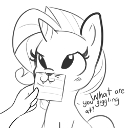 Size: 1650x1650 | Tagged: safe, artist:tjpones, rarity, human, pony, unicorn, :3, cute, dialogue, fangs, monochrome, offscreen character, rarara, raribetes, raricat, whiskers