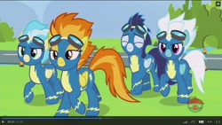 Size: 1600x900 | Tagged: safe, derpibooru import, screencap, fleetfoot, misty fly, soarin', spitfire, pony, parental glideance