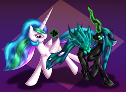 Size: 3000x2200 | Tagged: safe, artist:katakiuchi4u, princess celestia, queen chrysalis, alicorn, changeling, changeling queen, pony, duo, fangs, female, glowing horn, looking at you, magic, mare, missing accessory, smiling