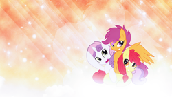 Size: 1920x1080 | Tagged: safe, artist:divideddemensions, artist:serenawyr, derpibooru import, apple bloom, scootaloo, sweetie belle, alternate hairstyle, cutie mark crusaders, vector, wallpaper