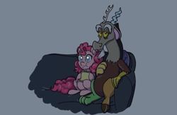 Size: 1175x767 | Tagged: artist needed, source needed, safe, discord, pinkie pie, earth pony, pony, discopie, female, food, male, popcorn, shipping, sofa, straight