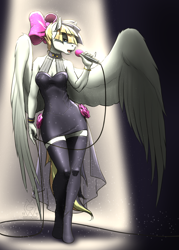 Size: 2250x3150 | Tagged: safe, artist:mykegreywolf, songbird serenade, anthro, pegasus, unguligrade anthro, my little pony: the movie, bow, clothes, dress, female, hair bow, mare, microphone, singing, solo, spotlight, stockings, thigh highs, zettai ryouiki