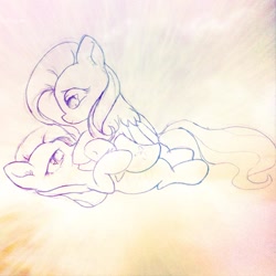 Size: 1024x1024 | Tagged: safe, artist:kelsiepie, fluttershy, pinkie pie, earth pony, pegasus, pony, eye contact, female, flutterpie, lesbian, lying on top of someone, monochrome, pinkamena diane pie, shipping