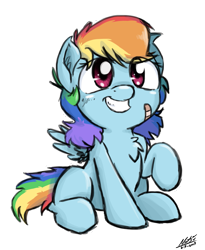 Size: 985x1204 | Tagged: safe, artist:natsu714, derpibooru import, rainbow dash, pegasus, pony, bandaid, chest fluff, cute, dashabetes, ear fluff, eye clipping through hair, female, filly, filly rainbow dash, simple background, sitting, smiling, solo, transparent background, younger