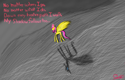 Size: 1280x817 | Tagged: safe, artist:the claud, fluttershy, pegasus, pony, claud thinks he's a poet, heart, implied depression, poem, poetry, shadow, solo, text