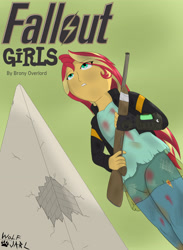 Size: 3000x4093 | Tagged: safe, artist:wolfjarl, sunset shimmer, equestria girls, blood, capital wasteland, cover art, dirt, dirty, fallout, fallout 3, fallout girls, gun, pipboy, rifle, scuff mark, washington d.c., washington monument, weapon