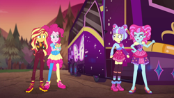 Size: 1920x1080 | Tagged: safe, screencap, kiwi lollipop, pinkie pie, sunset shimmer, supernova zap, better together, equestria girls, sunset's backstage pass!, churros, food, k-lo, postcrush, shoes, sneakers, su-z