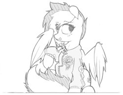 Size: 942x728 | Tagged: safe, artist:woonasart, derpibooru import, spitfire, pony, clothes, grayscale, hoodie, monochrome, ribbon, sketch, solo, wonderbolts