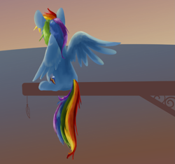 Size: 1545x1449 | Tagged: safe, artist:candygold, derpibooru import, rainbow dash, pegasus, pony, abstract background, feather, female, mare, rear view, sitting, solo, spread wings, wings, wip