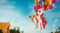 Size: 1280x720 | Tagged: safe, artist:trombonyponypie, pinkie pie, earth pony, pony, 3d, balloon, blender, cupcake, female, floating, food, hoof hold, mare, plate, smiling, solo, then watch her balloons lift her up to the sky, tree