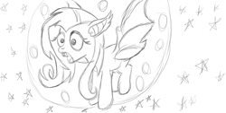 Size: 1366x686 | Tagged: safe, artist:ponyfiedart, fluttershy, bat pony, pony, flutterbat, monochrome, sketch, solo