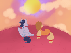 Size: 3291x2466 | Tagged: safe, artist:riisusparkle, applejack, soarin', earth pony, pony, female, freckles, male, on side, rear view, shipping, sitting, soarinjack, straight, sunset