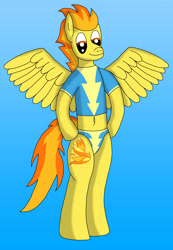 Size: 2797x4032 | Tagged: safe, alternate version, artist:tacomytaco, derpibooru import, spitfire, pegasus, pony, semi-anthro, absurd resolution, belly button, clothes, female, gradient background, mare, midriff, solo, spread wings, underwear, uniform, wingboner, wings, wonderbolts uniform