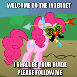 Size: 300x300 | Tagged: safe, edit, edited screencap, screencap, pinkie pie, earth pony, pony, griffon the brush off, image macro, meme, solo, tour guide, welcome to the internet