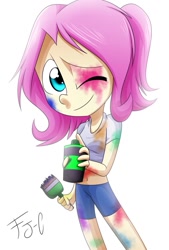 Size: 735x1087 | Tagged: safe, artist:fj-c, fluttershy, equestria girls, belly button, clothes, midriff, paint, shirt, short shirt, shorts, simple background, solo, spray can