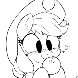 Size: 1000x1000 | Tagged: safe, artist:mrpotat0wned, applejack, earth pony, pony, apple, blushing, cowboy hat, cute, hat, heart, hoof hold, jackabetes, monochrome, smiling, solo, stetson, that pony sure does love apples