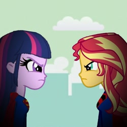 Size: 768x768 | Tagged: safe, artist:thatradhedgehog, sunset shimmer, twilight sparkle, equestria girls, crisis on infinite earths, superman