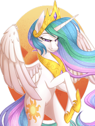 Size: 1024x1365 | Tagged: safe, artist:theanthropony, princess celestia, alicorn, pony, collaboration, colored pupils, crown, female, jewelry, lidded eyes, mare, regalia, simple background, smiling, solo, transparent background