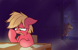Size: 1280x823 | Tagged: safe, artist:heir-of-rick, part of a series, applejack, big macintosh, earth pony, pony, daily apple pony, colt, homework, male, mouth hold, pencil, stallion, upset, worried