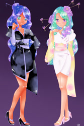 Size: 866x1300 | Tagged: safe, artist:nevera573, princess celestia, princess luna, human, clothes, colored pupils, dark skin, duo, female, humanized, kimono minidress, royal sisters, sandals, sisters, smiling