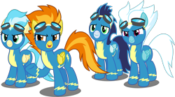 Size: 5412x3000 | Tagged: safe, artist:dashiesparkle, derpibooru import, fleetfoot, misty fly, soarin', spitfire, pony, parental glideance, .svg available, absurd resolution, clothes, simple background, transparent background, uniform, vector, wonderbolts, wonderbolts uniform