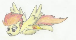 Size: 2152x1142 | Tagged: safe, artist:sakaerion, derpibooru import, spitfire, pony, flying, simple background, solo, traditional art