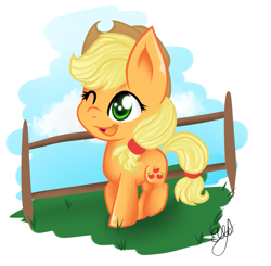 Size: 1177x1153 | Tagged: safe, artist:ellaellylove, applejack, earth pony, pony, chibi, solo, wink