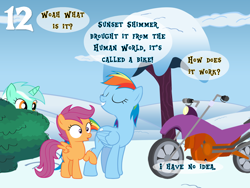 Size: 1024x768 | Tagged: safe, artist:bronybyexception, derpibooru import, lyra heartstrings, rainbow dash, scootaloo, pegasus, pony, unicorn, advent calendar, bush, christmas, hiding, holiday, implied sunset shimmer, motorcycle, snow, tree