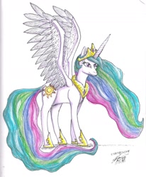 Size: 1667x2024 | Tagged: safe, artist:edhelistar, princess celestia, alicorn, pony, female, jewelry, mare, regalia, signature, simple background, solo, traditional art, white background