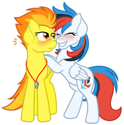 Size: 890x897 | Tagged: safe, artist:ak4neh, derpibooru import, spitfire, oc, oc:retro city, pegasus, pony, blushing, canon x oc, female, mare, retrofire, simple background, transparent background, whistle