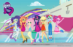 Size: 5100x3300 | Tagged: safe, applejack, fluttershy, pinkie pie, rainbow dash, rarity, sci-twi, sunset shimmer, twilight sparkle, better together, equestria girls, spring breakdown, armpits, clothes, equestria girls logo, feet, female, geode of empathy, geode of fauna, geode of sugar bombs, geode of super strength, geode of telekinesis, glasses, hairpin, heart shaped glasses, humane five, humane seven, humane six, jumping, legs, magical geodes, midriff, official, open mouth, peace sign, sandals, shorts, skirt, sleeveless, sunglasses, tomboy, wristband, yacht