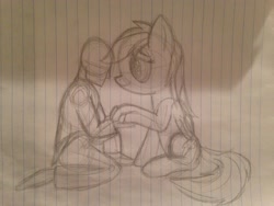 Size: 3264x2448 | Tagged: safe, anonymous artist, derpibooru import, rainbow dash, oc, oc:anon, pegasus, pony, /mlp/, female, holding hooves, lined paper, male, mare, monochrome, sitting, sketch, straight, traditional art