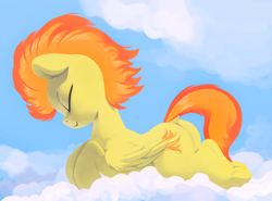 Size: 5000x3692 | Tagged: safe, artist:dimfann, artist:yoditax, derpibooru import, spitfire, pony, collaboration, absurd resolution, bright, cloud, cute, cutefire, dock, eyes closed, female, folded wings, mare, painting, profile, prone, smiling, solo, underhoof