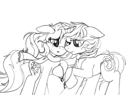 Size: 1039x790 | Tagged: safe, artist:blazelupine, sunset shimmer, oc, oc:pickles, pony, unicorn, clothes, crying, duo, female, horn, locket, male, monochrome, scarf, simple background, sketch, traditional art, white background