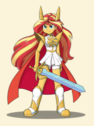 Size: 1200x1600 | Tagged: safe, artist:mew-me, sunset shimmer, equestria girls, clothes, cosplay, costume, female, she-ra, she-ra and the princesses of power, solo, sword, weapon