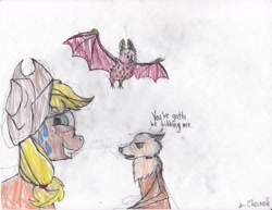 Size: 6600x5100 | Tagged: safe, artist:endlesswire94, applejack, earth pony, fruit bat, pony, absurd resolution, crossover, flying fox, sheepish grin, stellaluna, sweat, traditional art