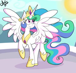 Size: 2227x2158 | Tagged: safe, artist:chrissie-boo, princess celestia, alicorn, pony, crown, jewelry, peytral, raised hoof, regalia, solo, spread wings, sun, wings