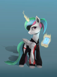 Size: 4195x5677 | Tagged: safe, artist:cattle32, princess celestia, alicorn, pony, absurd resolution, clothes, female, levitation, magic, mare, phone, school uniform, signature, smartphone, solo, telekinesis, tracksuit, younger