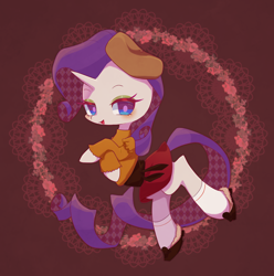 Size: 1280x1289 | Tagged: safe, artist:kkmrarar, rarity, pony, unicorn, abstract background, beret, blushing, clothes, cute, female, hat, looking at you, mare, moe, raribetes, shoes, skirt, skirt lift, smiling, socks, solo, sweater