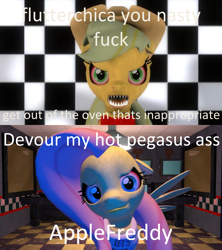 Size: 1188x1338 | Tagged: safe, applejack, fluttershy, earth pony, pegasus, pony, 3d, angry, applefreddy, comic, exploitable meme, five nights at aj's, five nights at freddy's, five nights at fuckboy's, flutterchica, gmod, image macro, meme, source filmmaker, vulgar