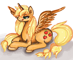 Size: 1052x871 | Tagged: artist needed, safe, applejack, alicorn, pony, /mlp/, alicornified, applecorn, bedroom eyes, licking lips, race swap, shadow, sitting, smiling