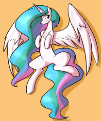 Size: 898x1080 | Tagged: safe, artist:whatsapokemon, edit, princess celestia, alicorn, pony, chest fluff, explicit source, featureless crotch, female, from above, on back, orange background, simple background, solo, spread legs, spread wings, spreading, wings