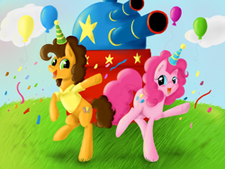 Size: 1600x1200 | Tagged: safe, artist:pumpkinkikile, cheese sandwich, pinkie pie, earth pony, pony, balloon, cheese supreme cannonball surprise, hat, party hat, party panzer