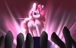 Size: 1600x1017 | Tagged: safe, artist:sourspot, pinkie pie, earth pony, pony, audience, bedroom eyes, hair over one eye