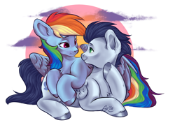 Size: 1400x1000 | Tagged: source needed, safe, artist:midnight_bats, derpibooru import, rainbow dash, soarin', pegasus, pony, cloud, female, looking at each other, male, shipping, soarindash, straight, sunset