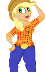 Size: 1024x1620 | Tagged: safe, artist:megaanimationfan, applejack, human, applebucking thighs, clothes, hand on hip, humanized, jeans, simple background, striped shirt, white background