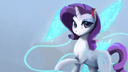 Size: 1920x1080 | Tagged: safe, artist:hierozaki, rarity, pony, unicorn, female, looking at you, mare, raised hoof, smiling, solo, wallpaper